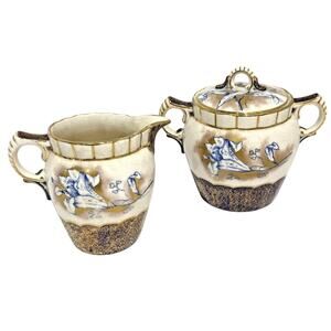 Vintage porcelain creamer & covered sugar bowl cobalt blue white and gold floral